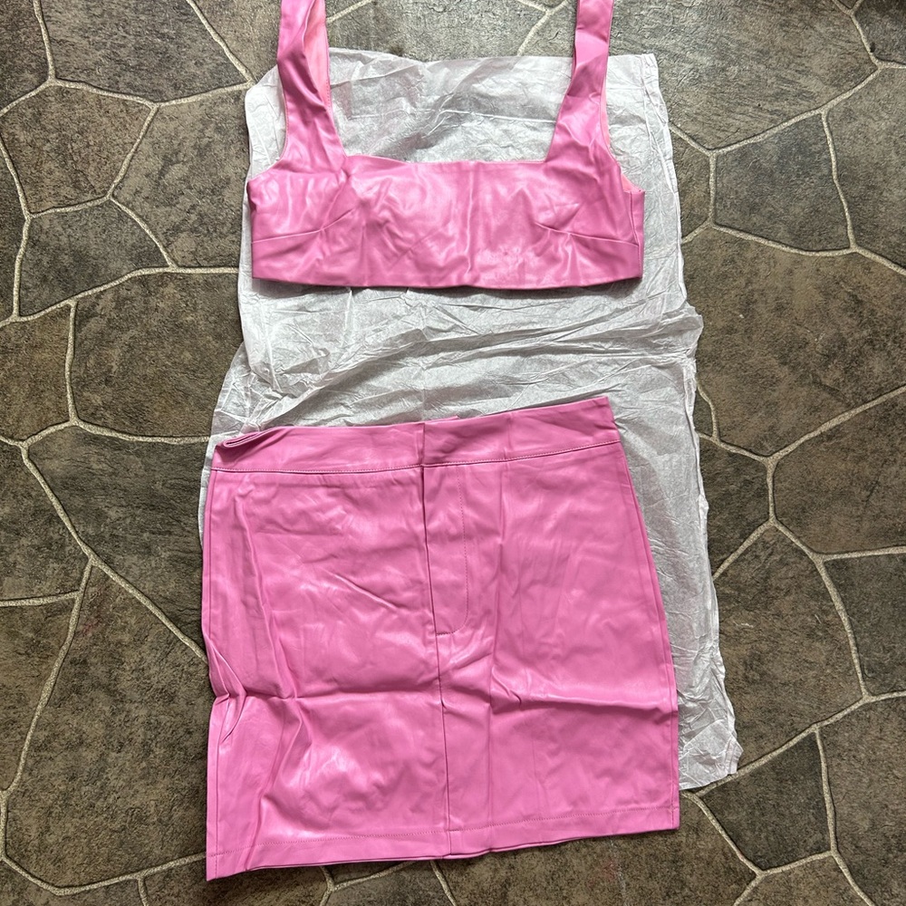 Pink Faux Leather Crop Top and Skirt Set